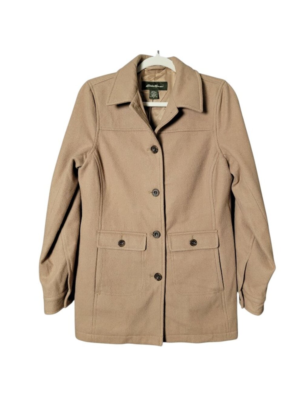 Eddie Bauer Womens Camel Tan Wool Blend Old Money Fall Walking Trench Coat Small